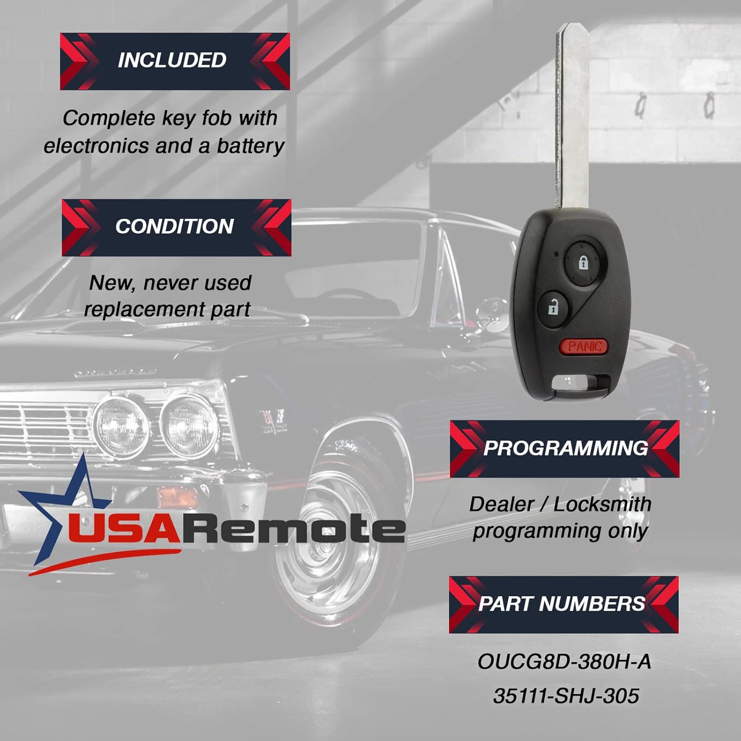 USARemote Key Fob Keyless Entry Remote for 2008 Honda Fit 2005-2010 Honda Odyssey 2006-2014 Honda Ridgeline OUCG8D-380H-A - View 3 of 9