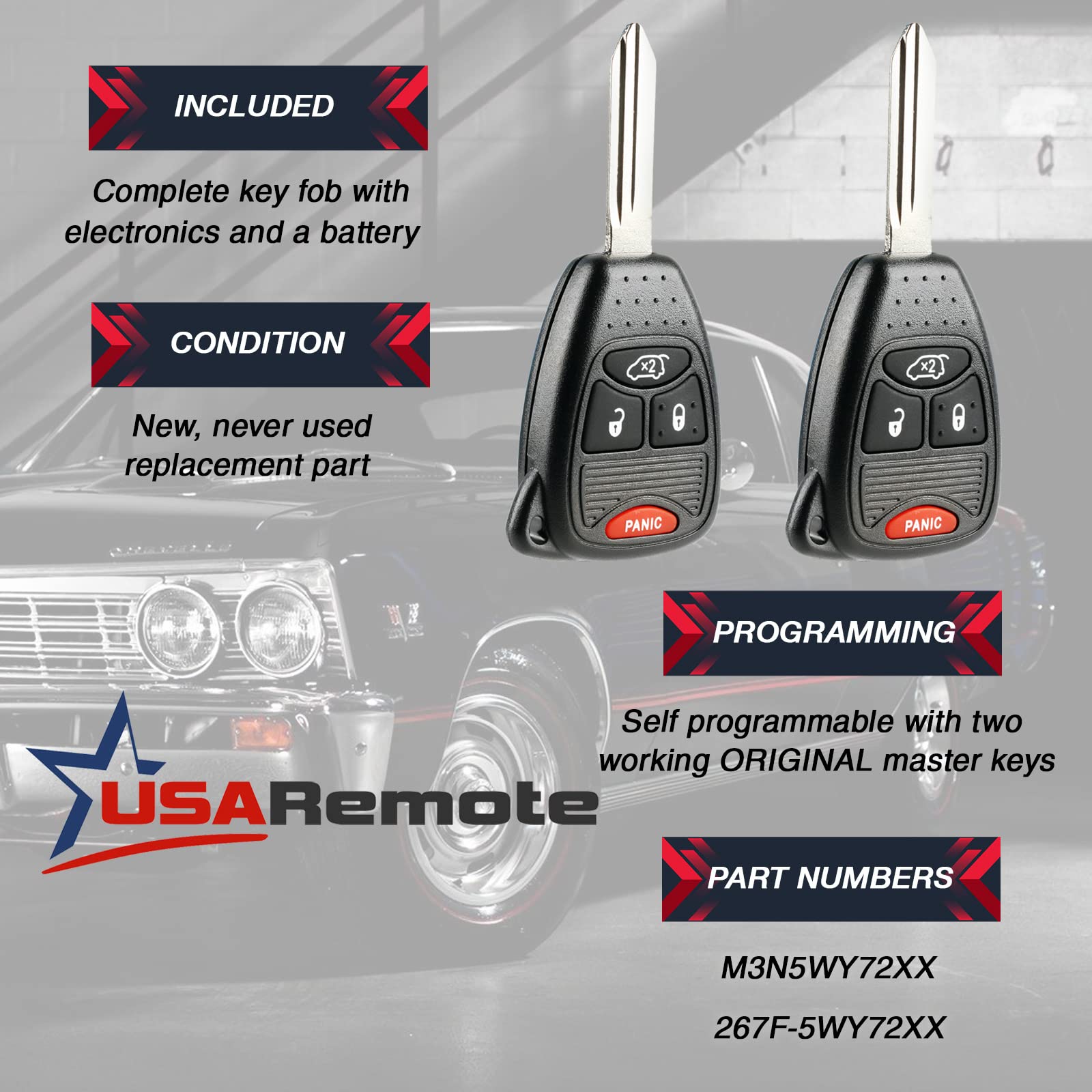 Car Key Fob Keyless Entry Remote Set of 2 for 2004-2008 Chrysler Pacifica and 2005-2007 Jeep Liberty M3N5WY72XX 4-btn - View 3 of 6