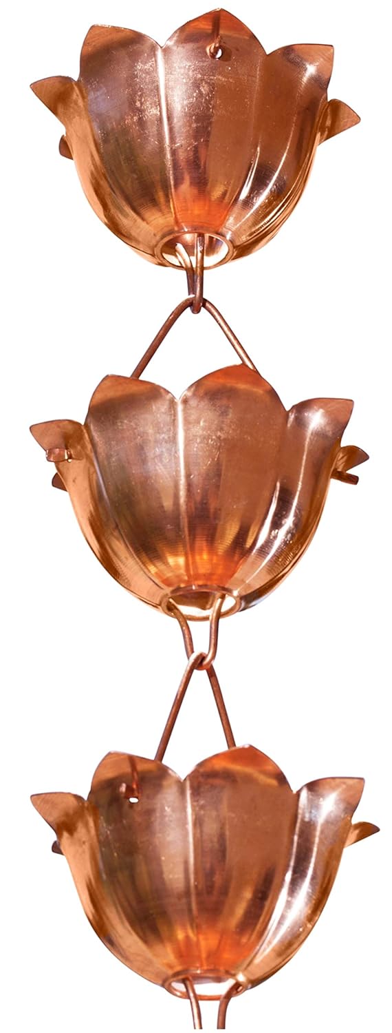 Monarch Rain Chains Monarch Rain Chains 28501 Pure Copper Lotus Large Cup 3 Feet Length Extension Replacement Downspout for Gutters