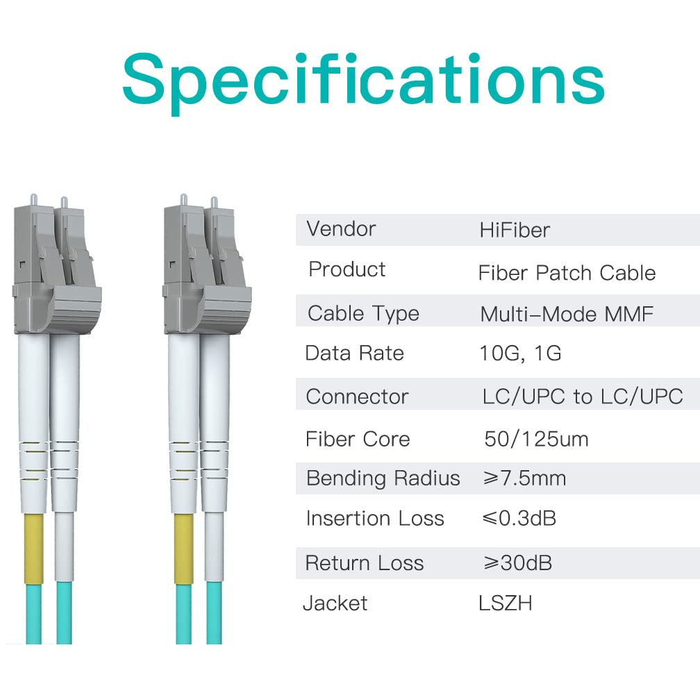 H!Fiber.com 10M OM3 LC to LC Fiber Patch Cable 10Gb Multi-Mode Jumper Duplex LSZH 50/125um for 10G 1G MMF SFP Transceiver Green 33ft - View 5 of 9