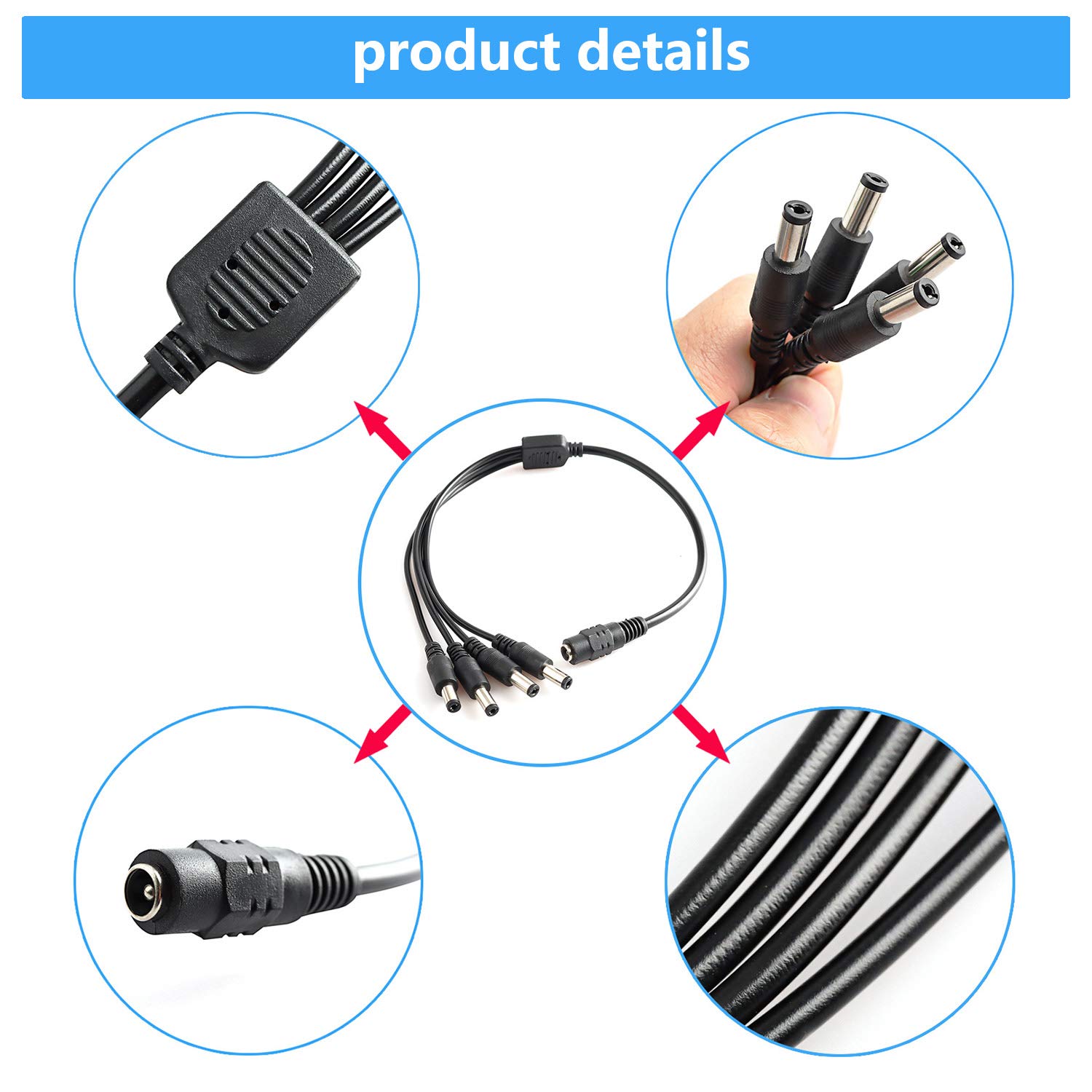 Saisn DC Power Y Splitter Cable 1 Female to 4 Male Plug for CCTV Camera Efficient Power Distribution - View 4 of 7