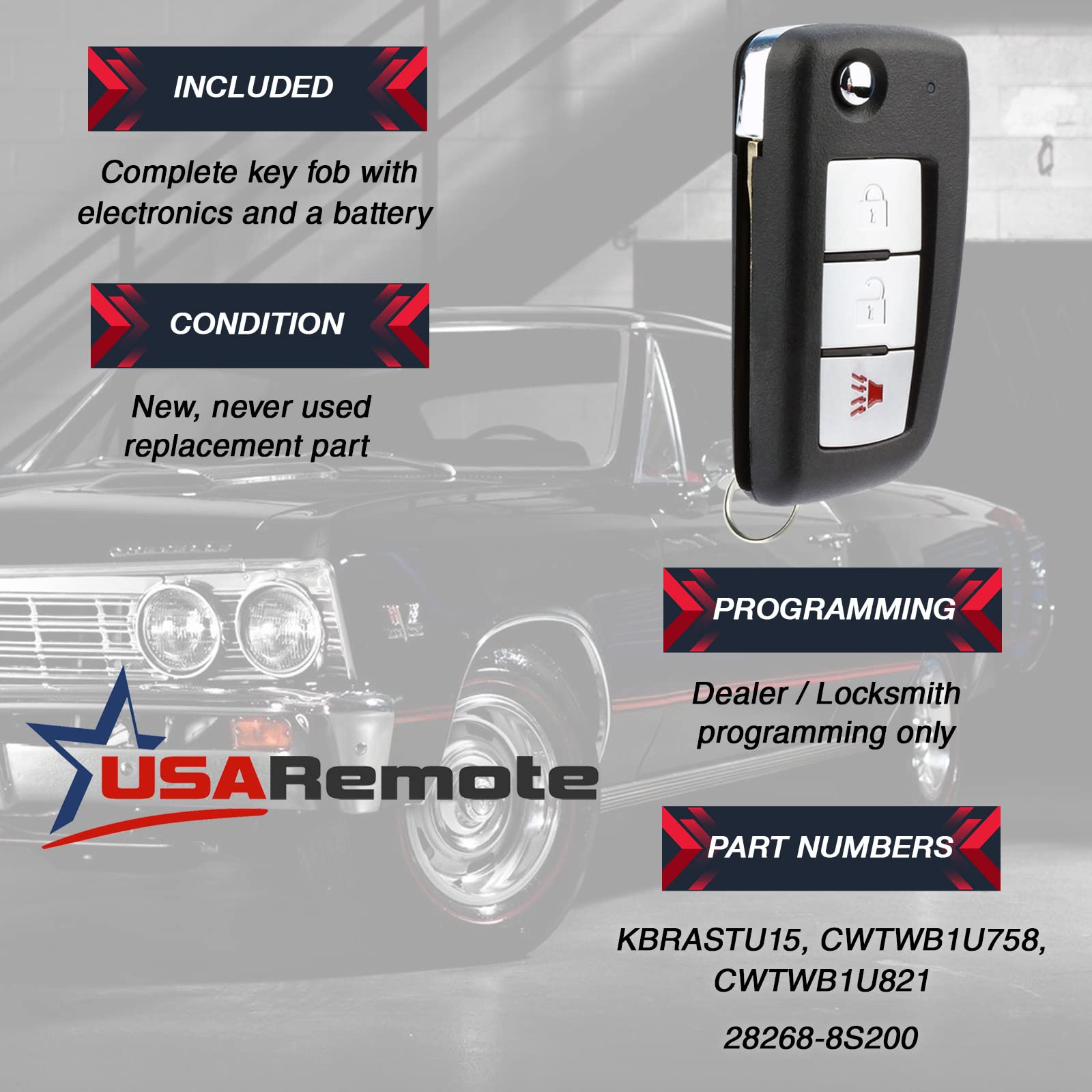 Car Key Fob Keyless Entry Flip Remote for Nissan Infiniti Set of 2 Compatible with KBRASTU15 CWTWB1U415 CWTWB1U733 CWTWB1U821 - View 3 of 6