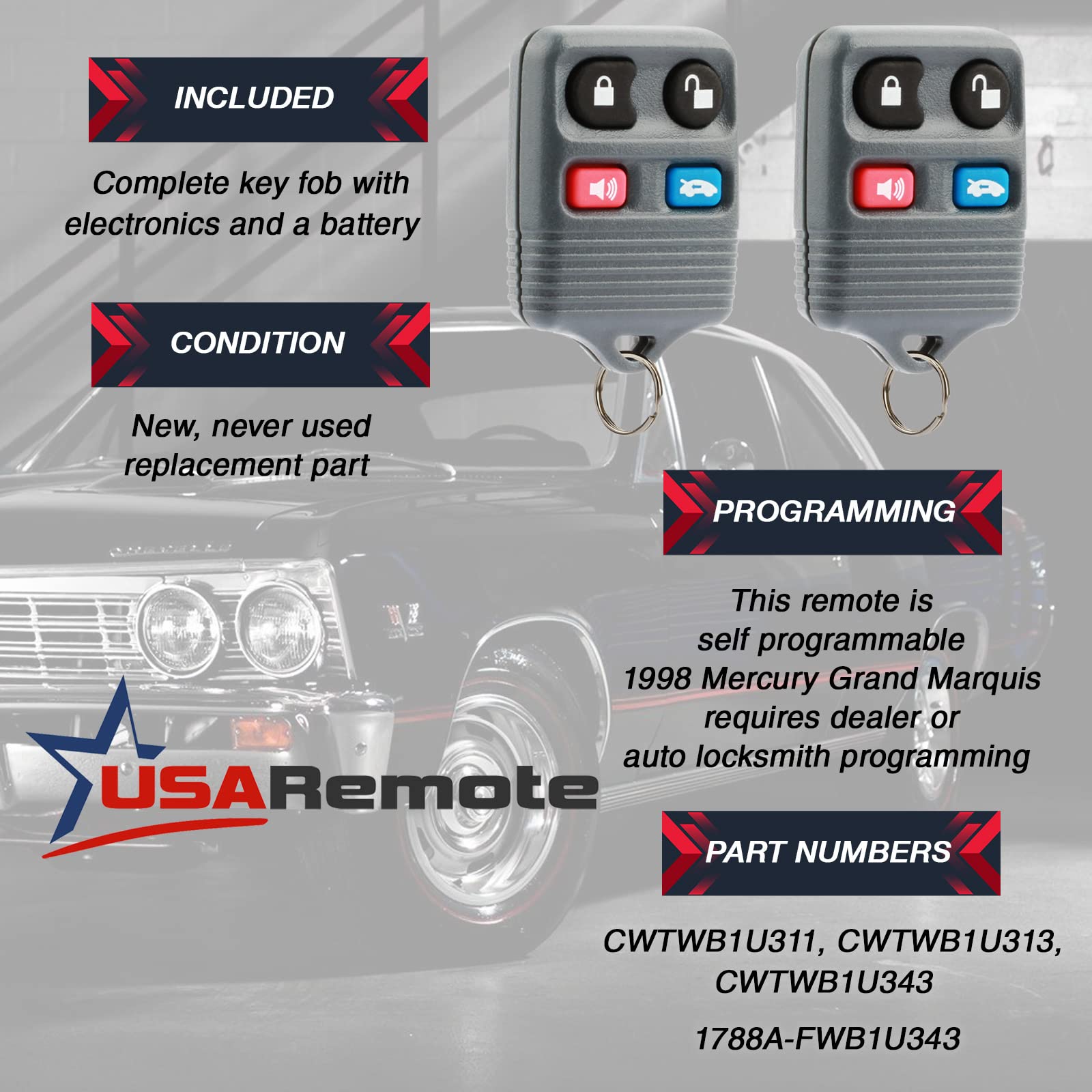 Car Key Fob Keyless Entry Remote Set of 2 for Ford Crown Victoria Lincoln Continental Mark VIII Town Car Mercury Grand Marquis CWTWB1U343 - View 3 of 6