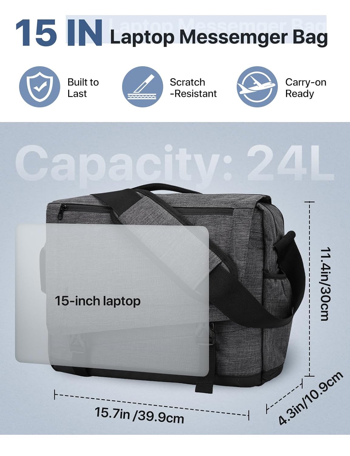 VX VONXURY Lightweight Water Resistant Messenger Bag for Men 15.6 Inch Laptop Business Office Satchel Dark Grey - View 2 of 7