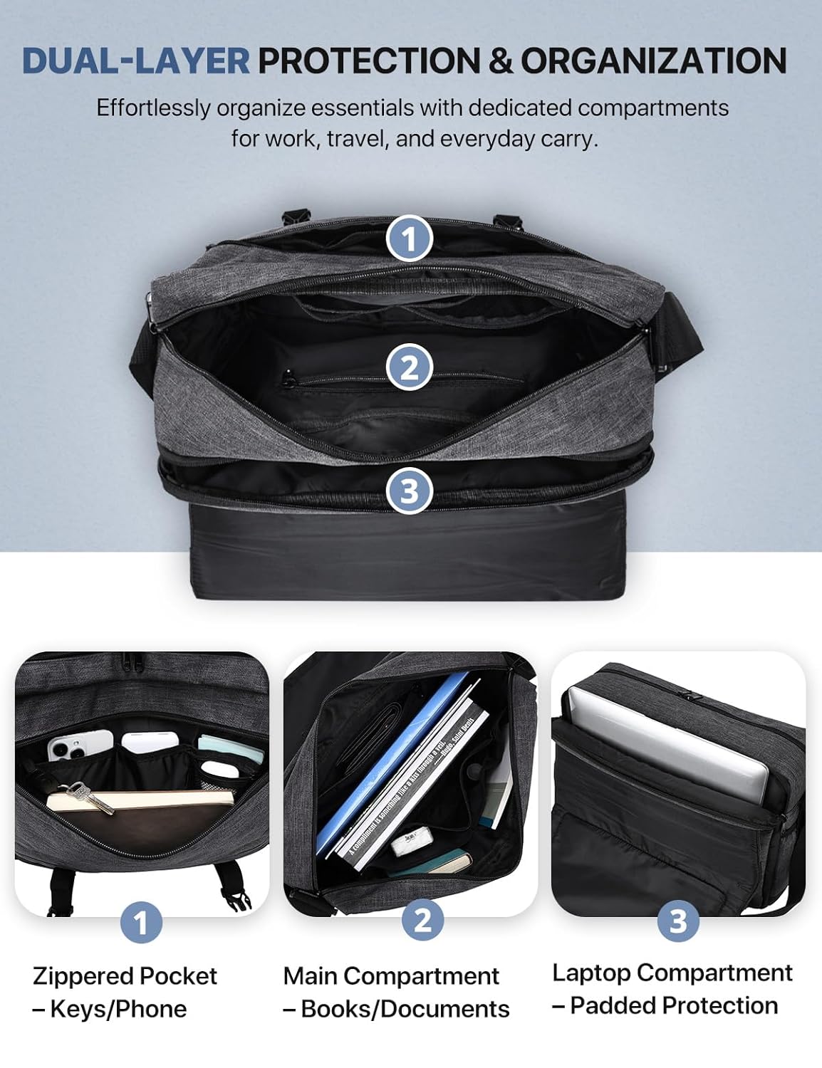 VX VONXURY Lightweight Water Resistant Messenger Bag for Men 15.6 Inch Laptop Business Office Satchel Dark Grey - View 3 of 7