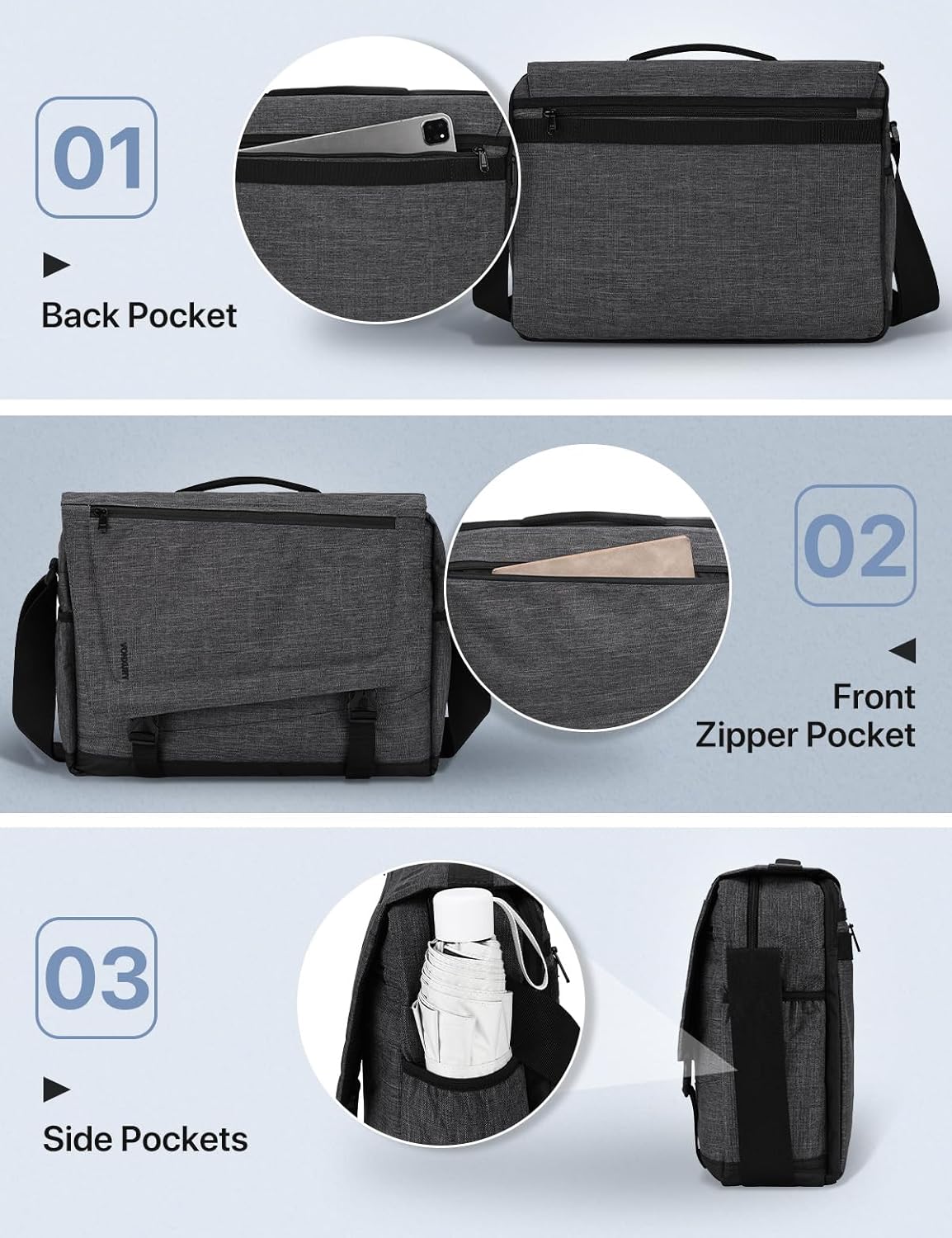 VX VONXURY Lightweight Water Resistant Messenger Bag for Men 15.6 Inch Laptop Business Office Satchel Dark Grey - View 4 of 7