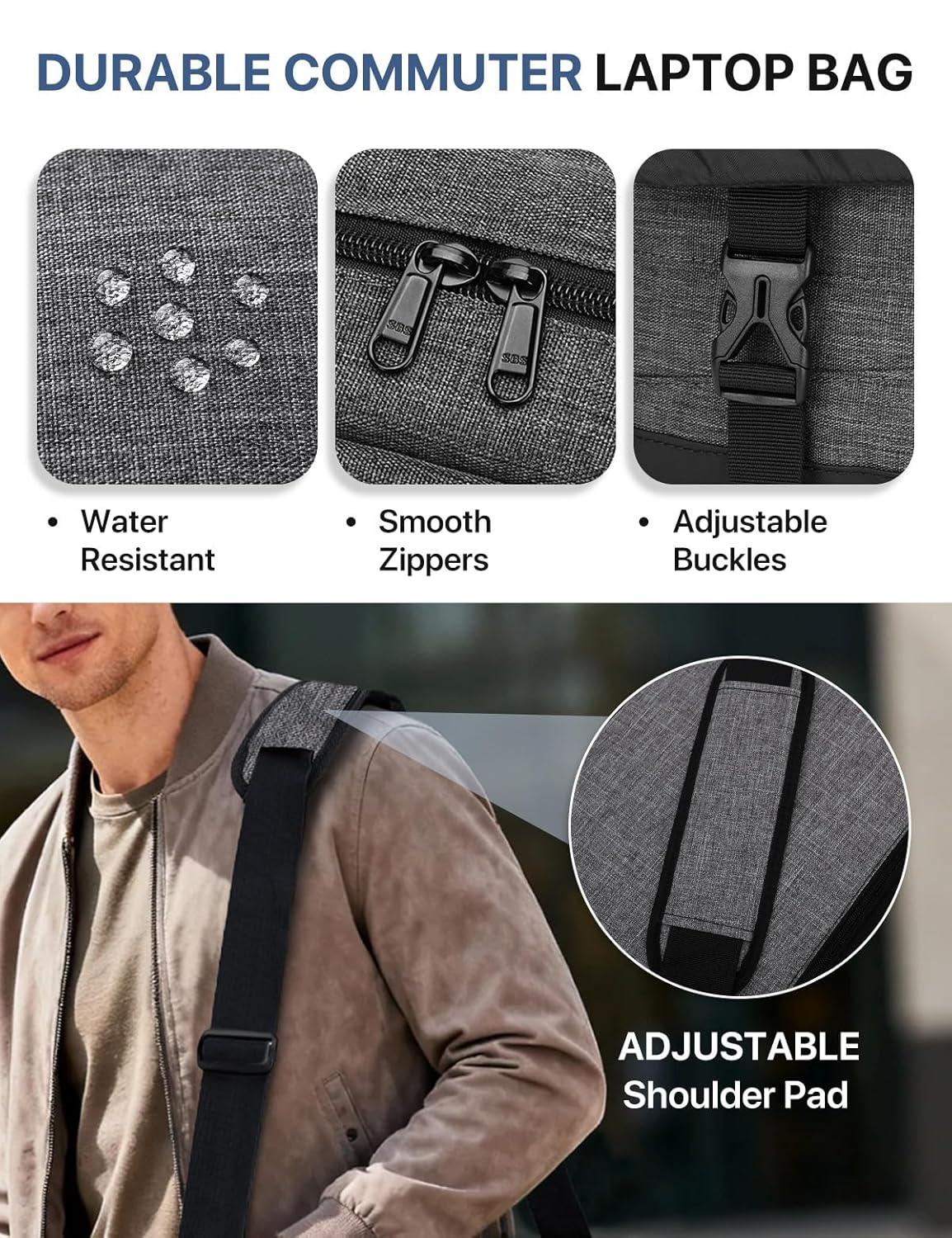 VX VONXURY Lightweight Water Resistant Messenger Bag for Men 15.6 Inch Laptop Business Office Satchel Dark Grey - View 6 of 7