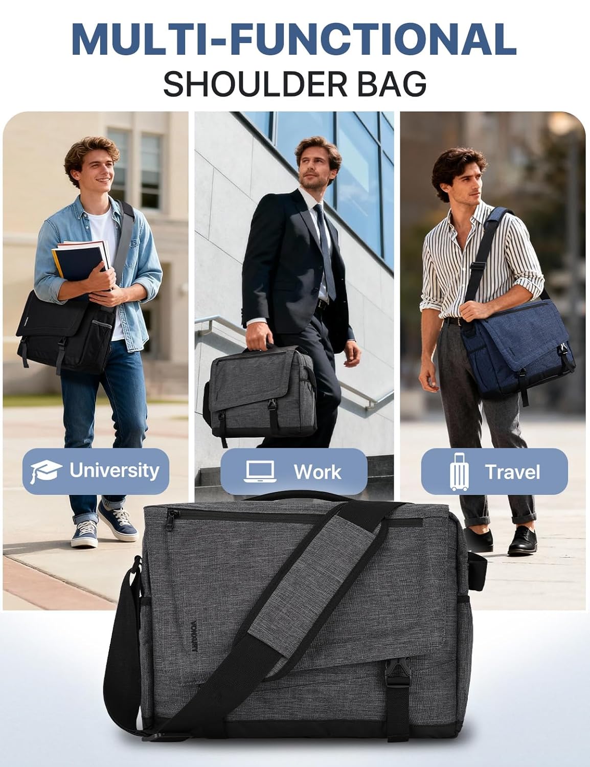 VX VONXURY Lightweight Water Resistant Messenger Bag for Men 15.6 Inch Laptop Business Office Satchel Dark Grey - View 7 of 7