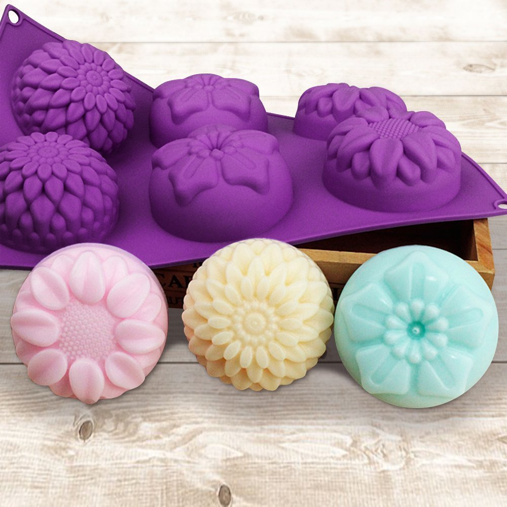 SENHAI SENHAI 6 Cavity Silicone Flower Cake Molds 3 Pack Fondant Ice Cube Trays for Homemade Cakes Chocolates Cupcakes Purple Blue Pink - View 2 of 8
