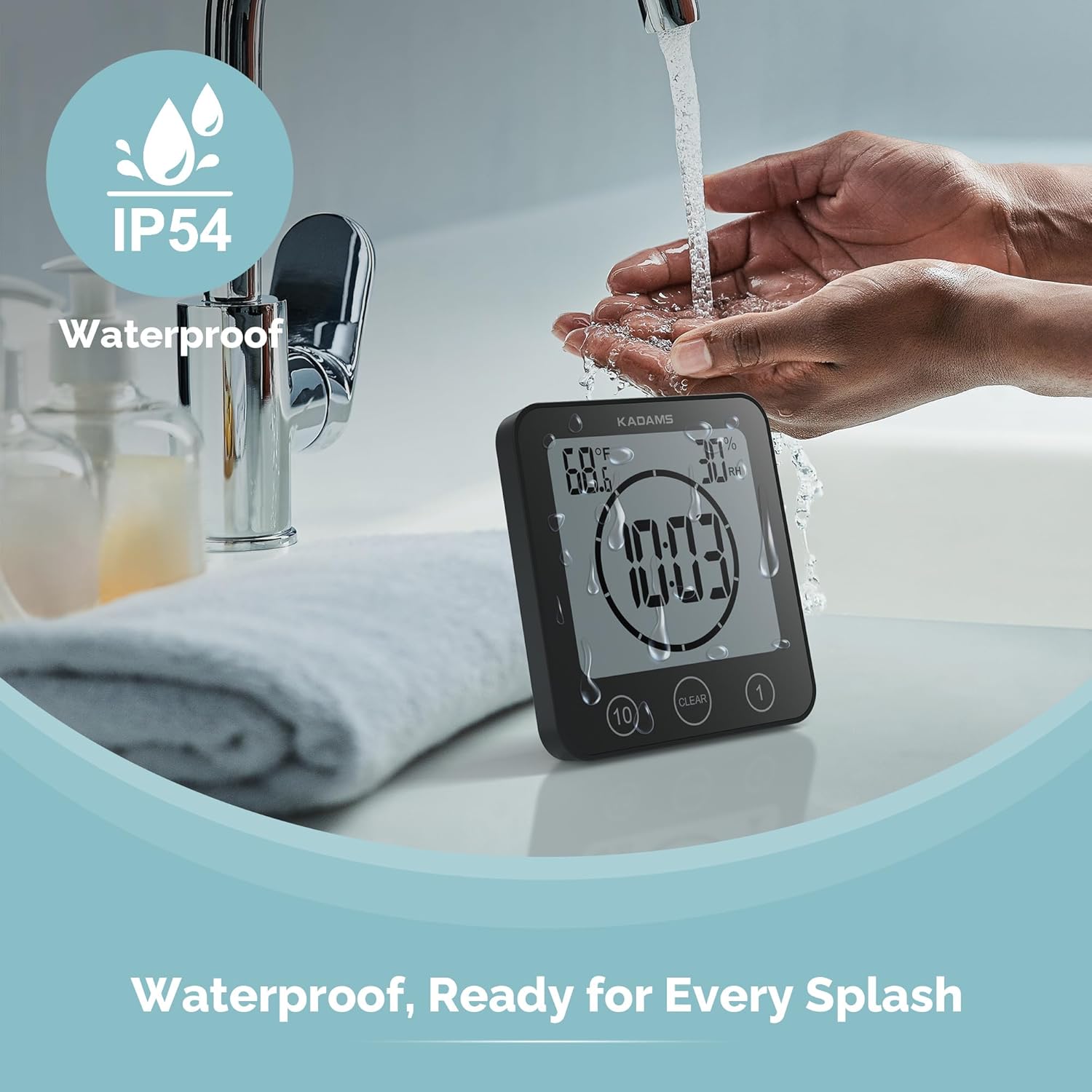 KADAMS KADAMS Waterproof Digital Bathroom Shower Kitchen Wall Clock Timer with Alarm Touch Screen Temperature Humidity Suction Cup Black - View 3 of 9