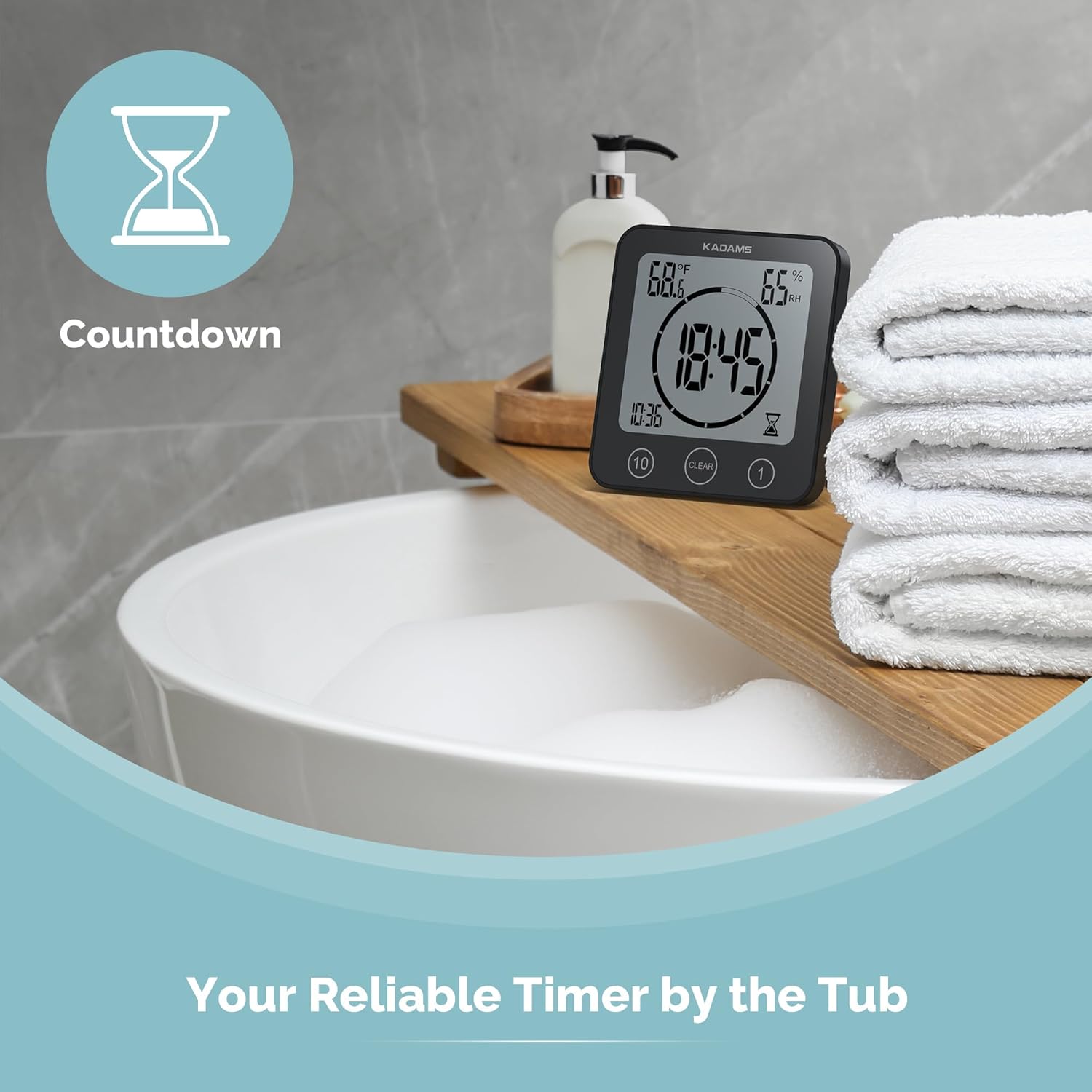 KADAMS KADAMS Waterproof Digital Bathroom Shower Kitchen Wall Clock Timer with Alarm Touch Screen Temperature Humidity Suction Cup Black - View 4 of 9