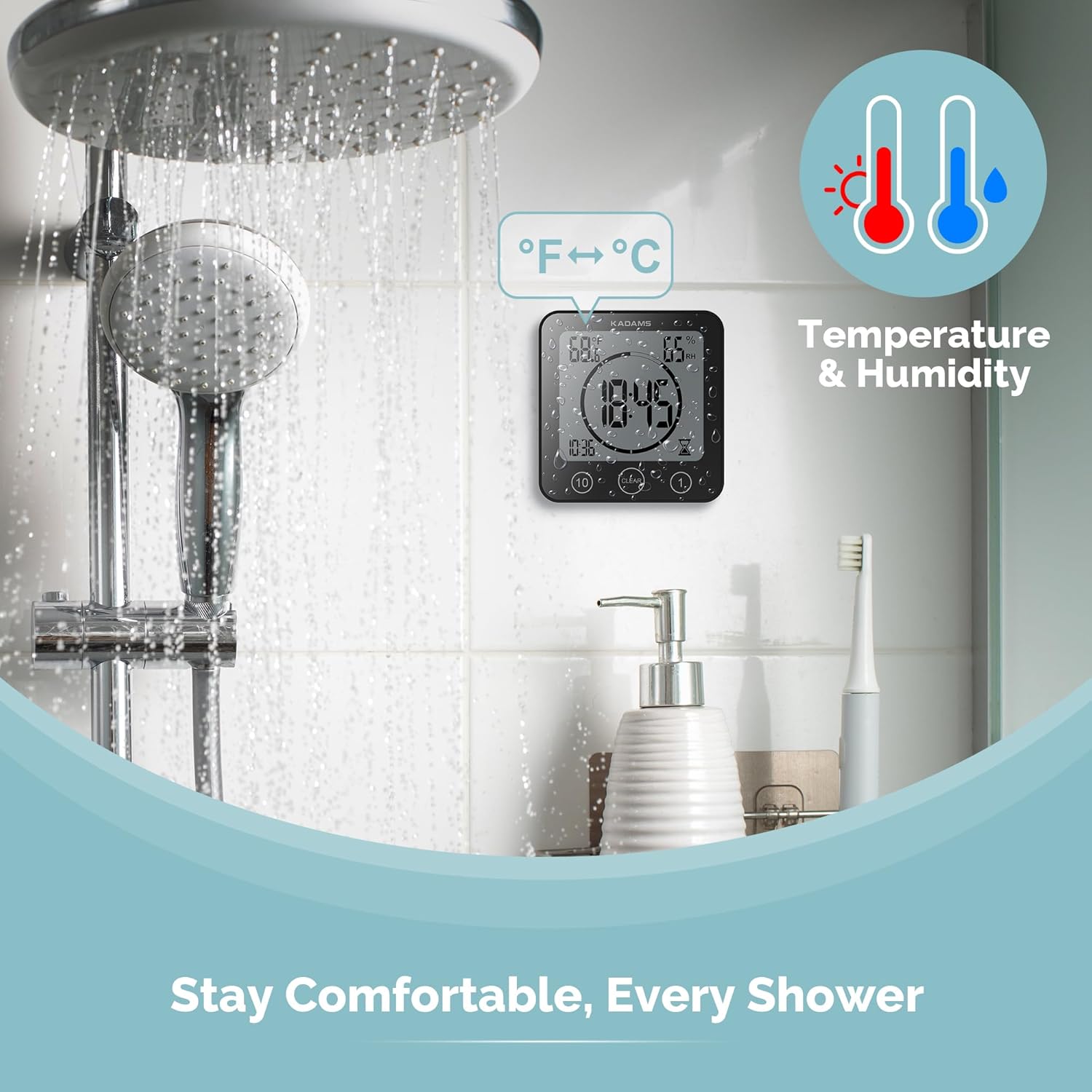 KADAMS KADAMS Waterproof Digital Bathroom Shower Kitchen Wall Clock Timer with Alarm Touch Screen Temperature Humidity Suction Cup Black - View 5 of 9