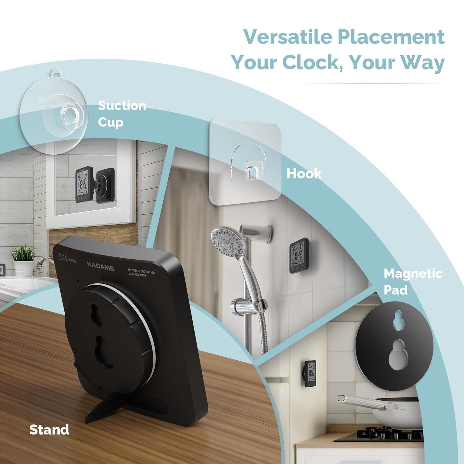 KADAMS KADAMS Waterproof Digital Bathroom Shower Kitchen Wall Clock Timer with Alarm Touch Screen Temperature Humidity Suction Cup Black - View 6 of 9