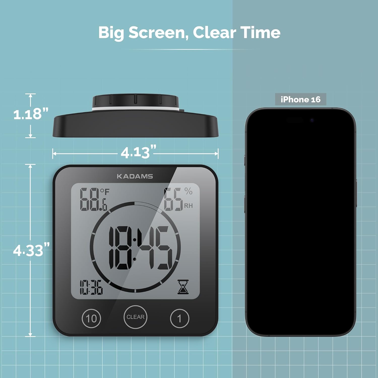 KADAMS KADAMS Waterproof Digital Bathroom Shower Kitchen Wall Clock Timer with Alarm Touch Screen Temperature Humidity Suction Cup Black - View 8 of 9