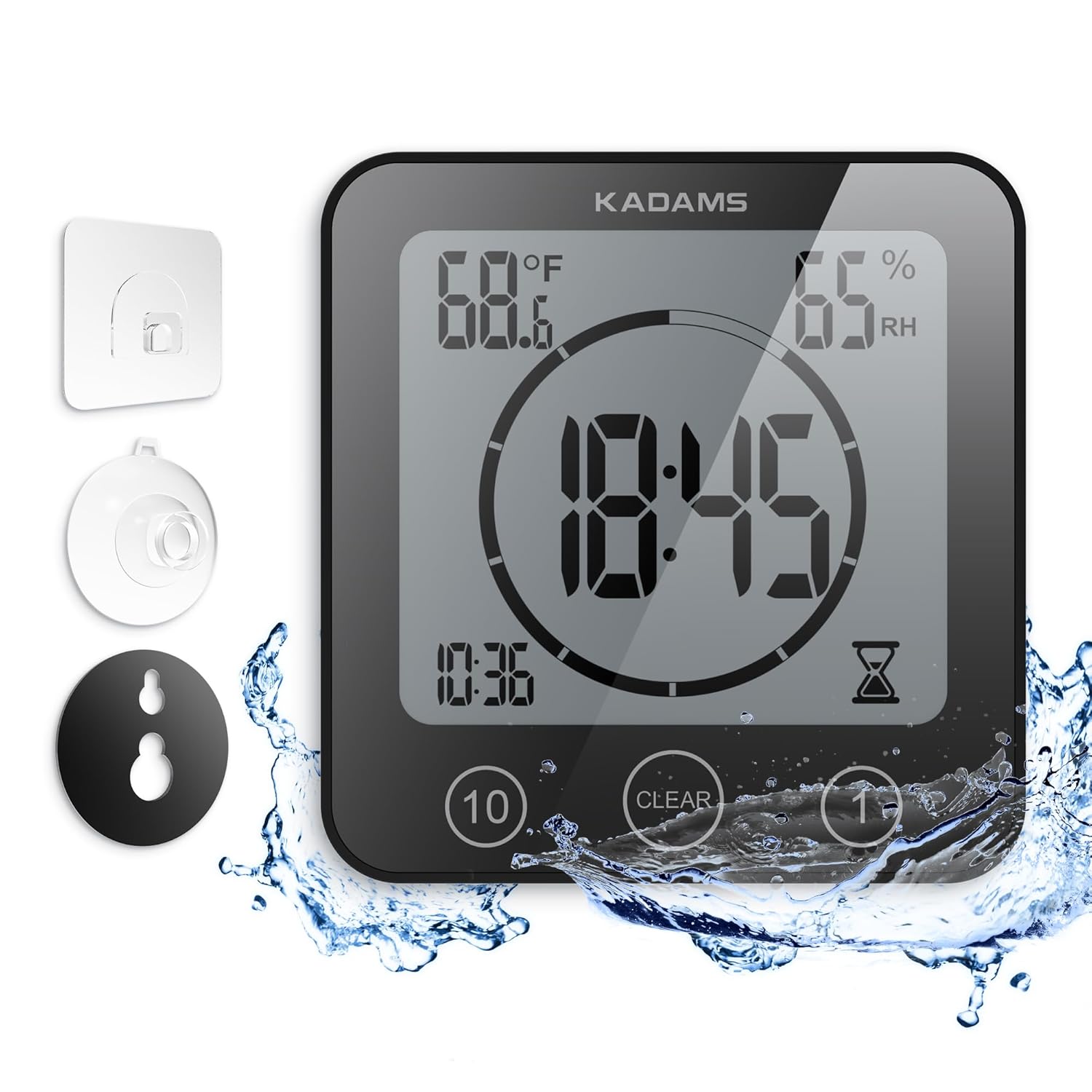 KADAMS KADAMS Waterproof Digital Bathroom Shower Kitchen Wall Clock Timer with Alarm Touch Screen Temperature Humidity Suction Cup Black - View 9 of 9
