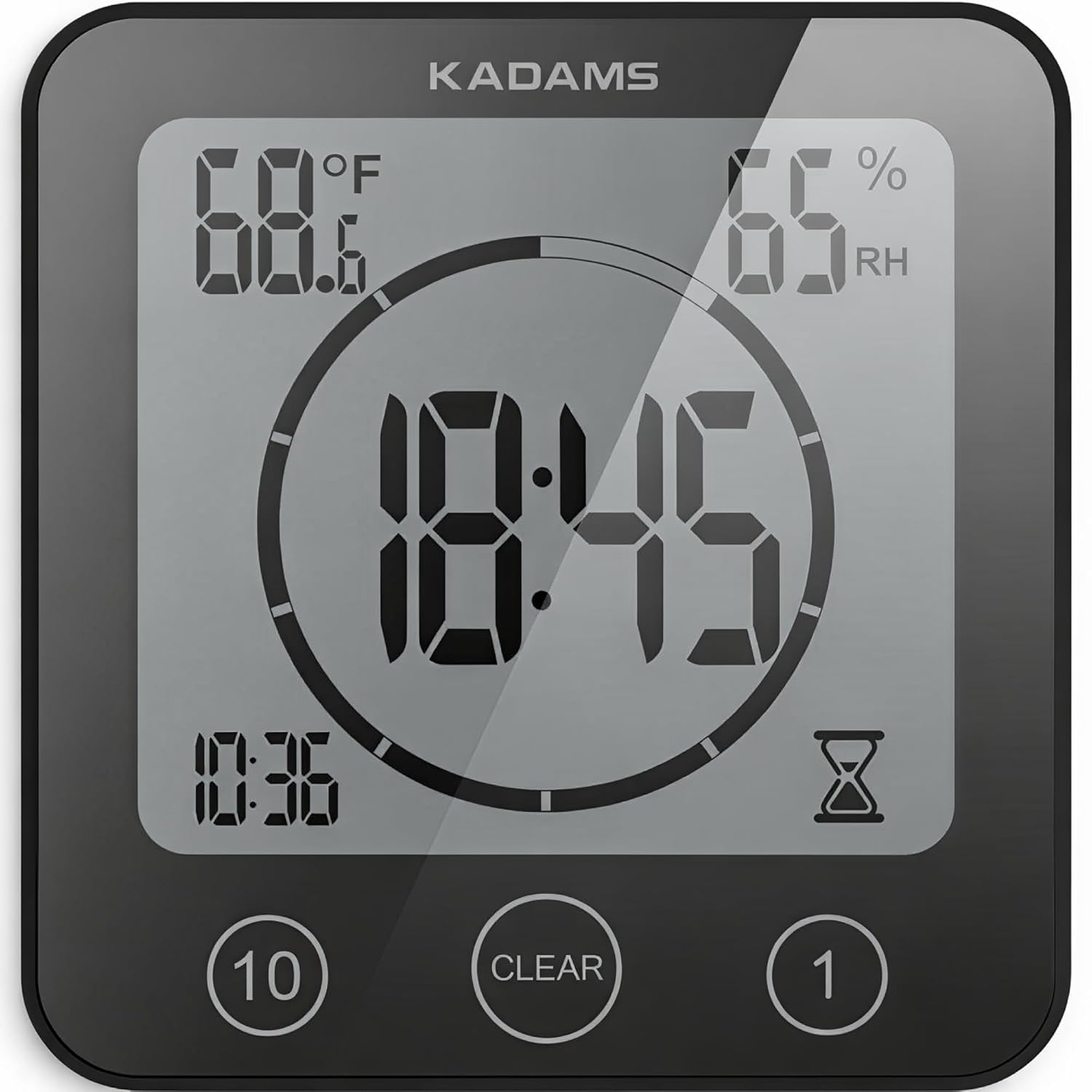 KADAMS KADAMS Waterproof Digital Bathroom Shower Kitchen Wall Clock Timer with Alarm Touch Screen Temperature Humidity Suction Cup Black