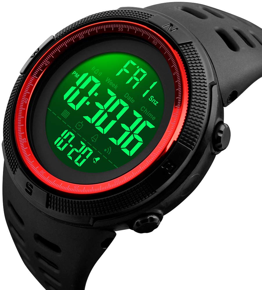 Fanmis Mens Digital LED Sports Watch Military Multifunction Water Resistant Dual Time Alarm Countdown Back Light Simple Design Black Red - View 2 of 7