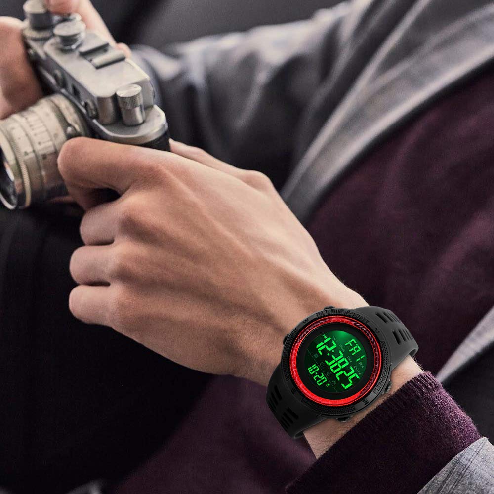 Fanmis Mens Digital LED Sports Watch Military Multifunction Water Resistant Dual Time Alarm Countdown Back Light Simple Design Black Red - View 4 of 7