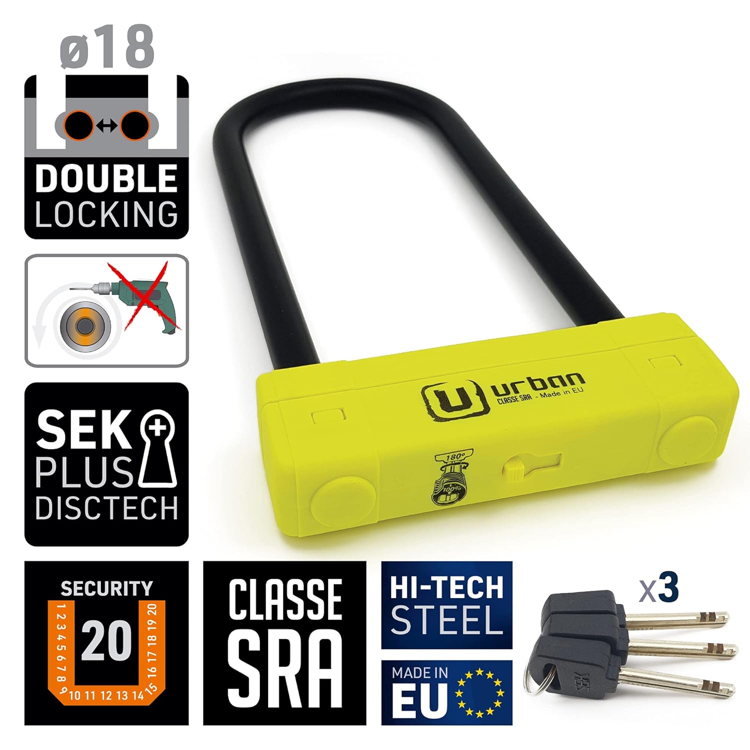 urban Urban UR120310 Motorcycle U Lock Maximum Security SRA Approved Heavy Duty Anti Theft Lock with 18mm Shackle and Double Locking System - View 3 of 8