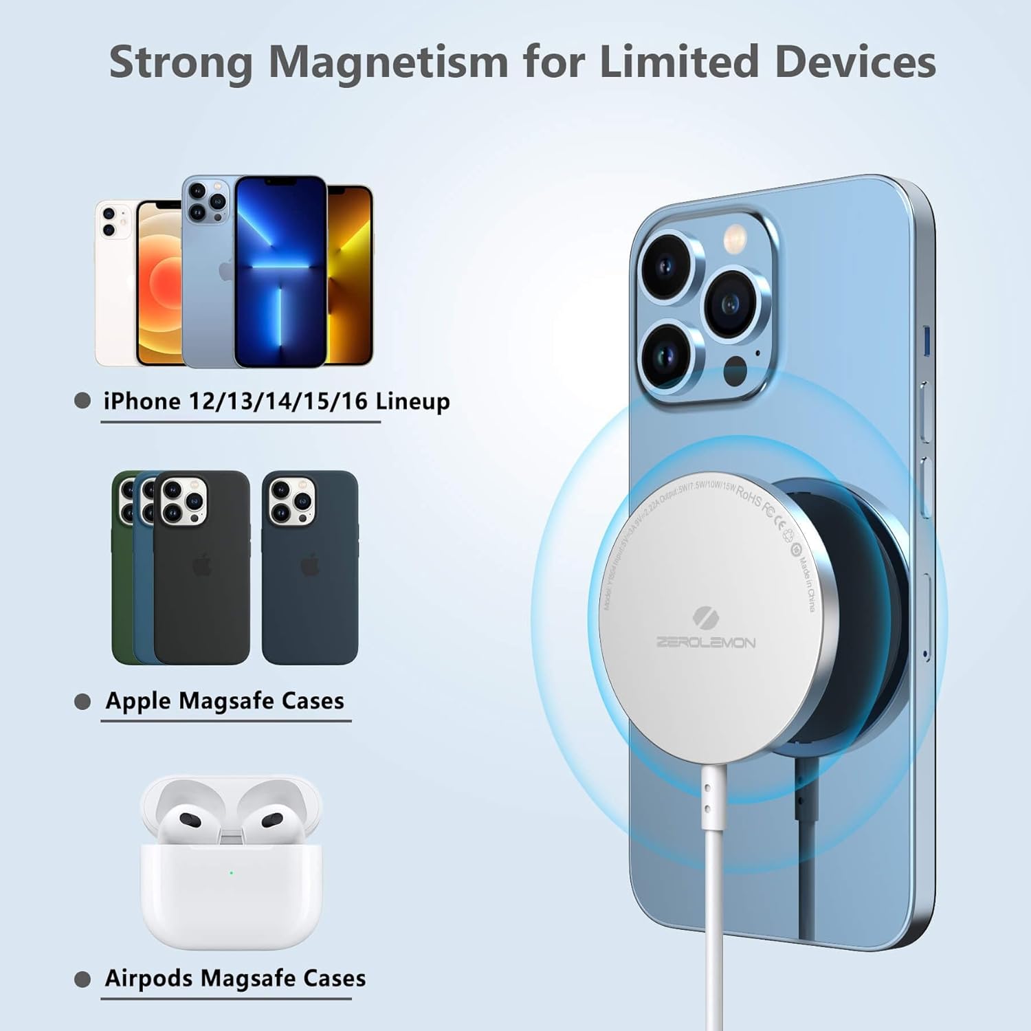 ZEROLEMON ZEROLEMON Magnetic Wireless Charger 10ft Fast Charging Pad for iPhone 16 Pro Max 15 14 13 12 Plus Mini and AirPods White - View 5 of 6