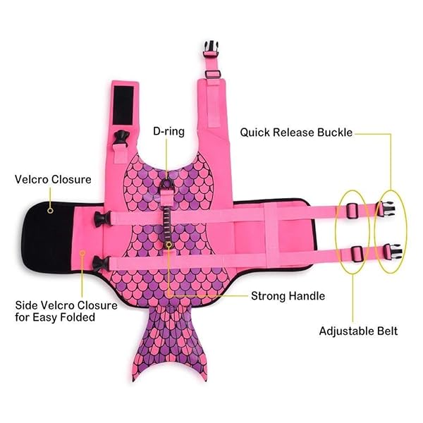 Queenmore Queenmore Dog Life Jacket Shark Safety Vest Adjustable High Buoyancy Durable Rescue Handle for Small Medium Large Dogs Pink Fish - View 4 of 8