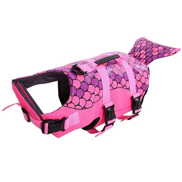 Queenmore Queenmore Dog Life Jacket Shark Safety Vest Adjustable High Buoyancy Durable Rescue Handle for Small Medium Large Dogs Pink Fish