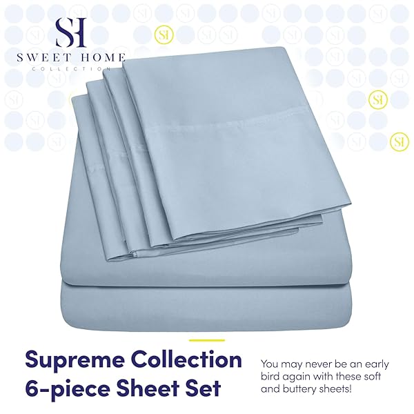 Sweet Home Collection King Size Bed Sheets 6 Piece 1500 Supreme Collection Microfiber Deep Pocket Set with Extra Pillow Cases in Misty Blue - View 2 of 7