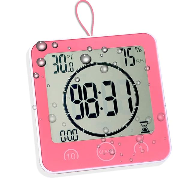 homemelinda Waterproof Shower Timer & Wall Clock: Large Digital Countdown with Suction, Temp & Humidity Display - Perfect for Kids (Pink)