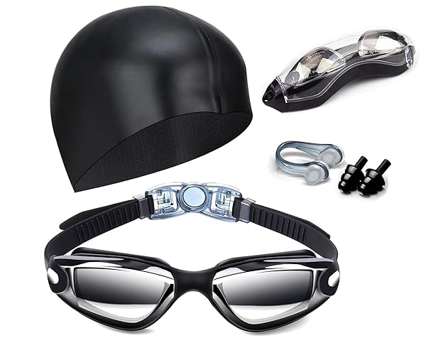 Hurdilen Leak-Proof Hurdilen Swim Goggles with Nose Clip, Earplugs, Swim Cap & Case for Men & Women