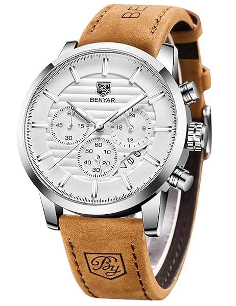 BENYAR Quartz Chronograph Waterproof Men's Watch - Stylish Brown Leather Band for Business & Sport