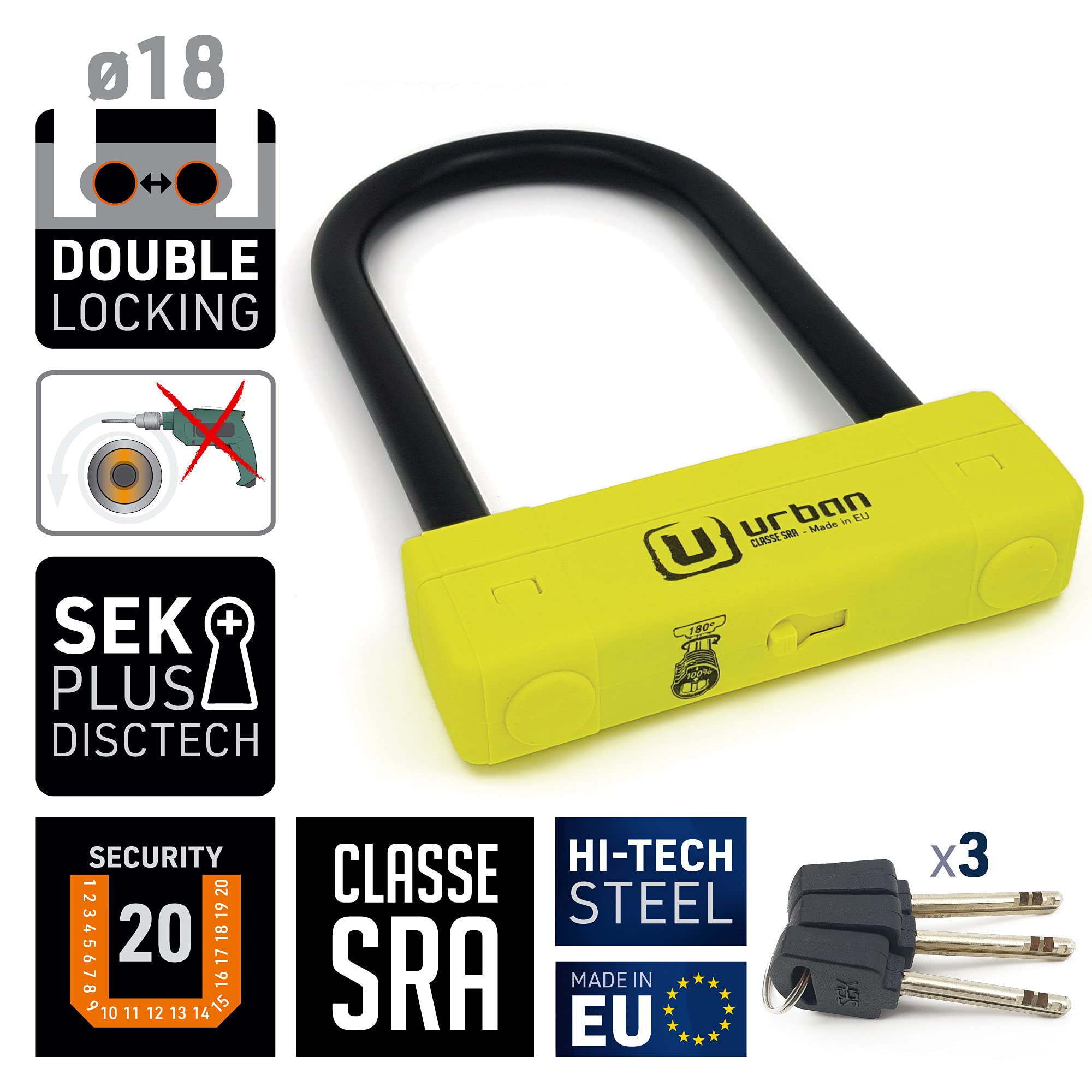 Urban UR120220 Motorcycle U Lock Maximum Security SRA Approved Heavy Duty Anti Theft Lock with Double Locking and Hardened Steel Shackle - View 4 of 9