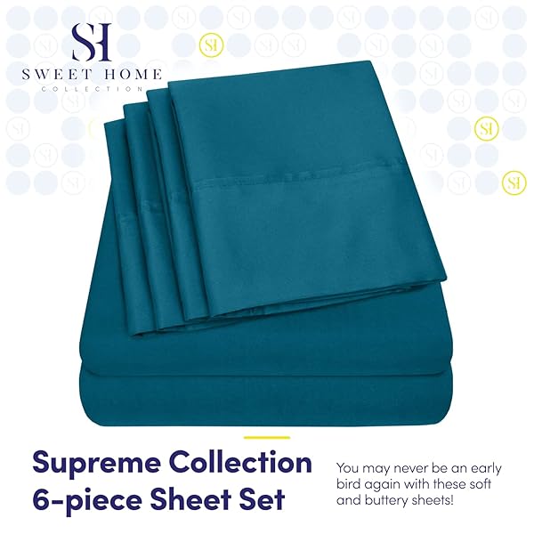 Sweet Home Collection King Size Bed Sheets 6 Piece 1500 Supreme Collection Fine Brushed Microfiber Deep Pocket Set with Extra Pillow Cases in Teal - View 2 of 7