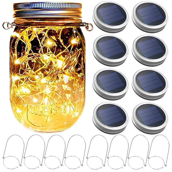 Yitee 8 Pack Mason Jar Solar Lantern Lights with 30 LED Bulbs & Hangers - Perfect for Garden, Patio & Wedding Decor