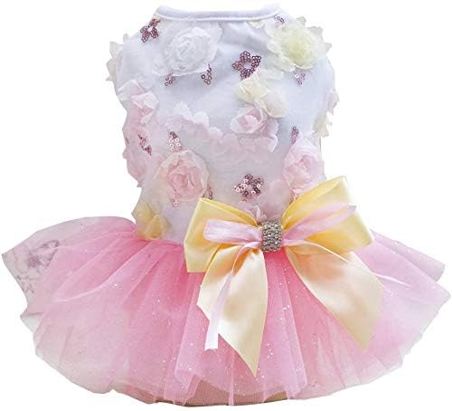 Izefia Puppy Skirt Dog Dresses for Small Dogs Princess Tutu Flower Sequin Dot Wedding Lace Luxury Bow Dresses for Girls and Cats in Pink - View 2 of 8