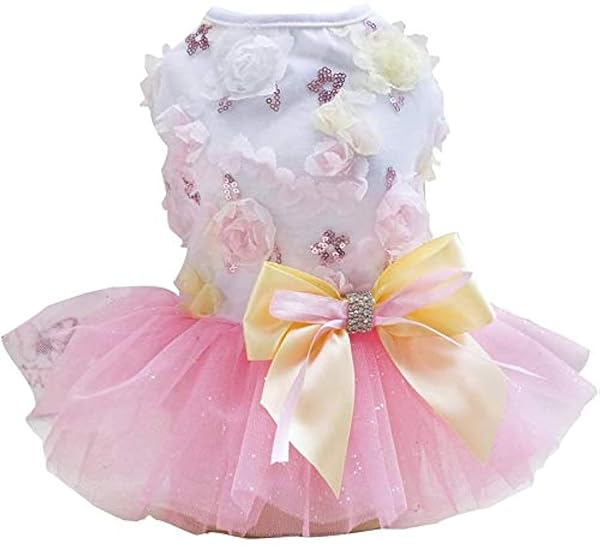 Izefia Puppy Skirt Dog Dresses for Small Dogs Princess Tutu Flower Sequin Dot Wedding Lace Luxury Bow Dresses for Girls and Cats in Pink