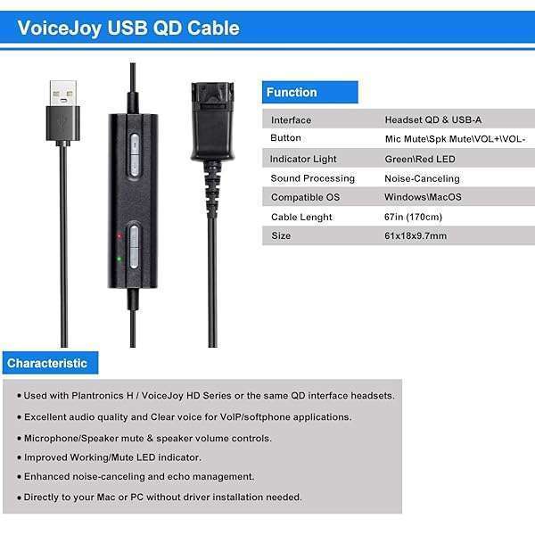 VoiceJoy VoiceJoy QD to USB Adapter Cable for Plantronics Headsets - Volume Control & Mute for Mic/Speaker - View 3 of 8