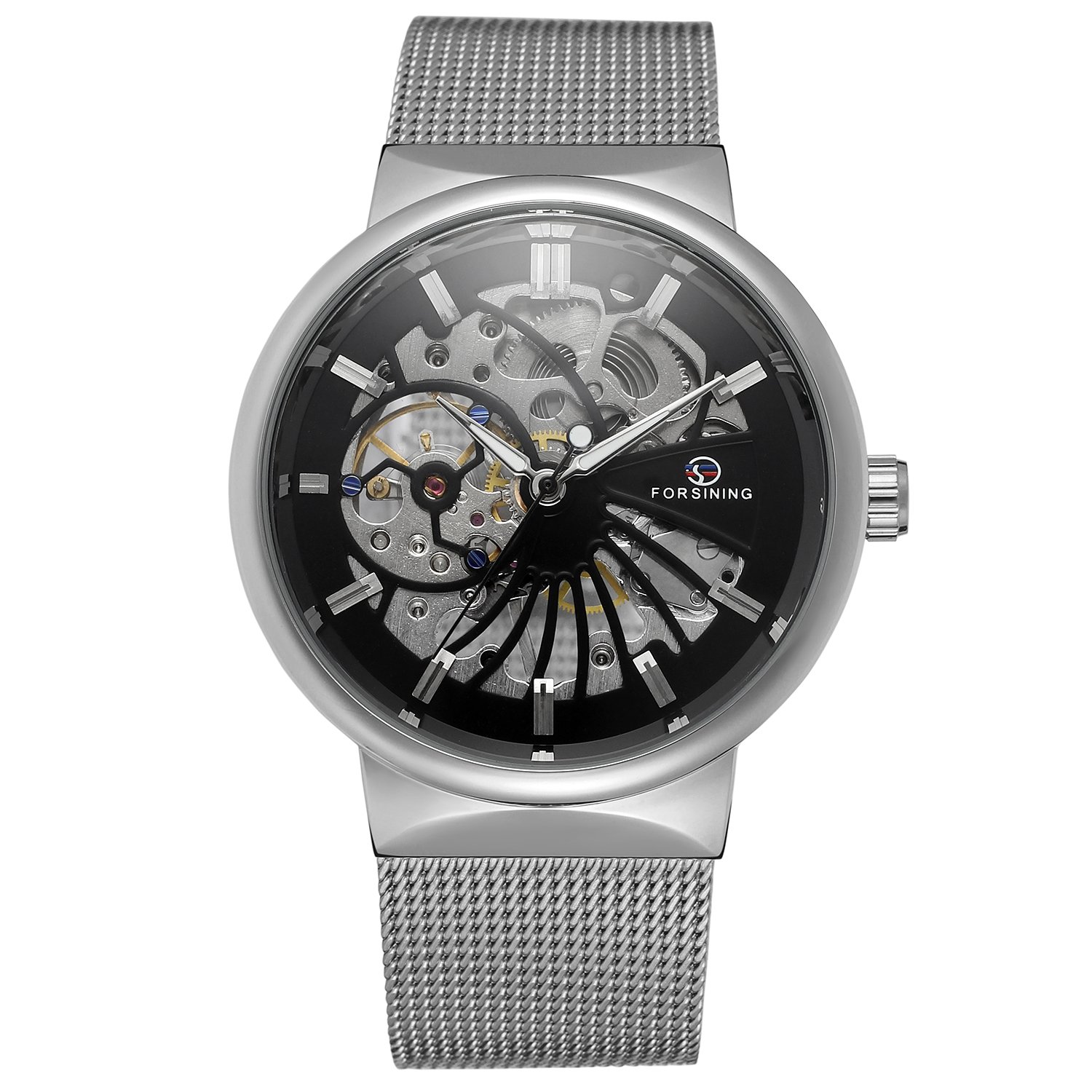Forsining Men's Mechanical Hand-Wind Ultra Thin Stainless Steel Skeleton Watch with Mesh Bracelet - View 2 of 6