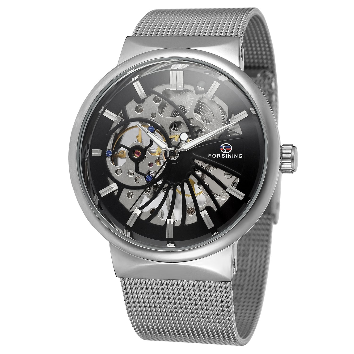 Forsining Men's Mechanical Hand-Wind Ultra Thin Stainless Steel Skeleton Watch with Mesh Bracelet