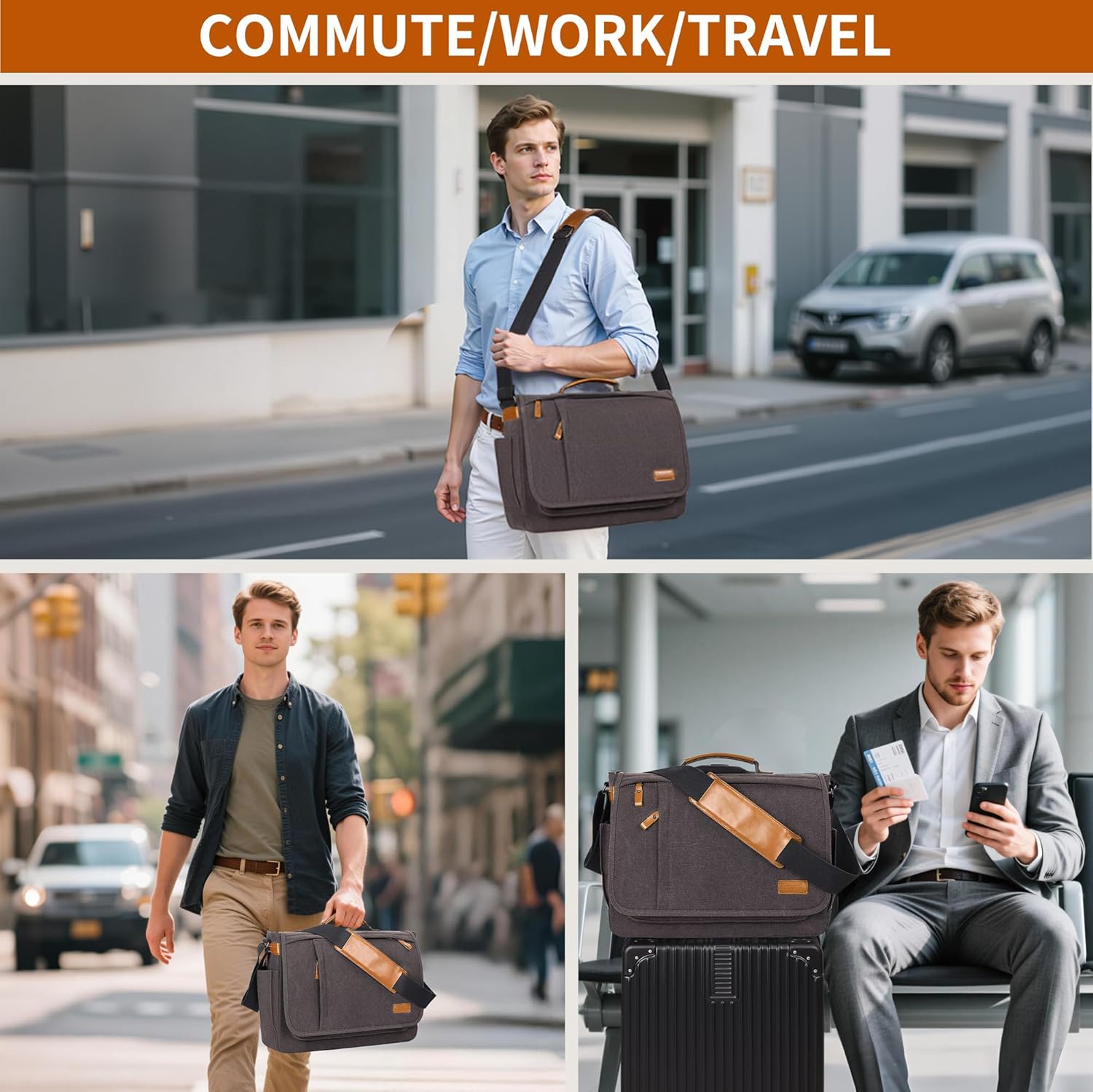 ESTARER ESTARER Water-resistant Canvas Messenger Bag for 15.6 Inch Laptop Travel Work Grey - View 2 of 7