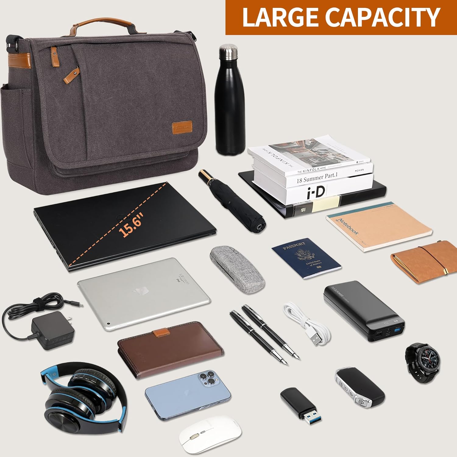 ESTARER ESTARER Water-resistant Canvas Messenger Bag for 15.6 Inch Laptop Travel Work Grey - View 3 of 7