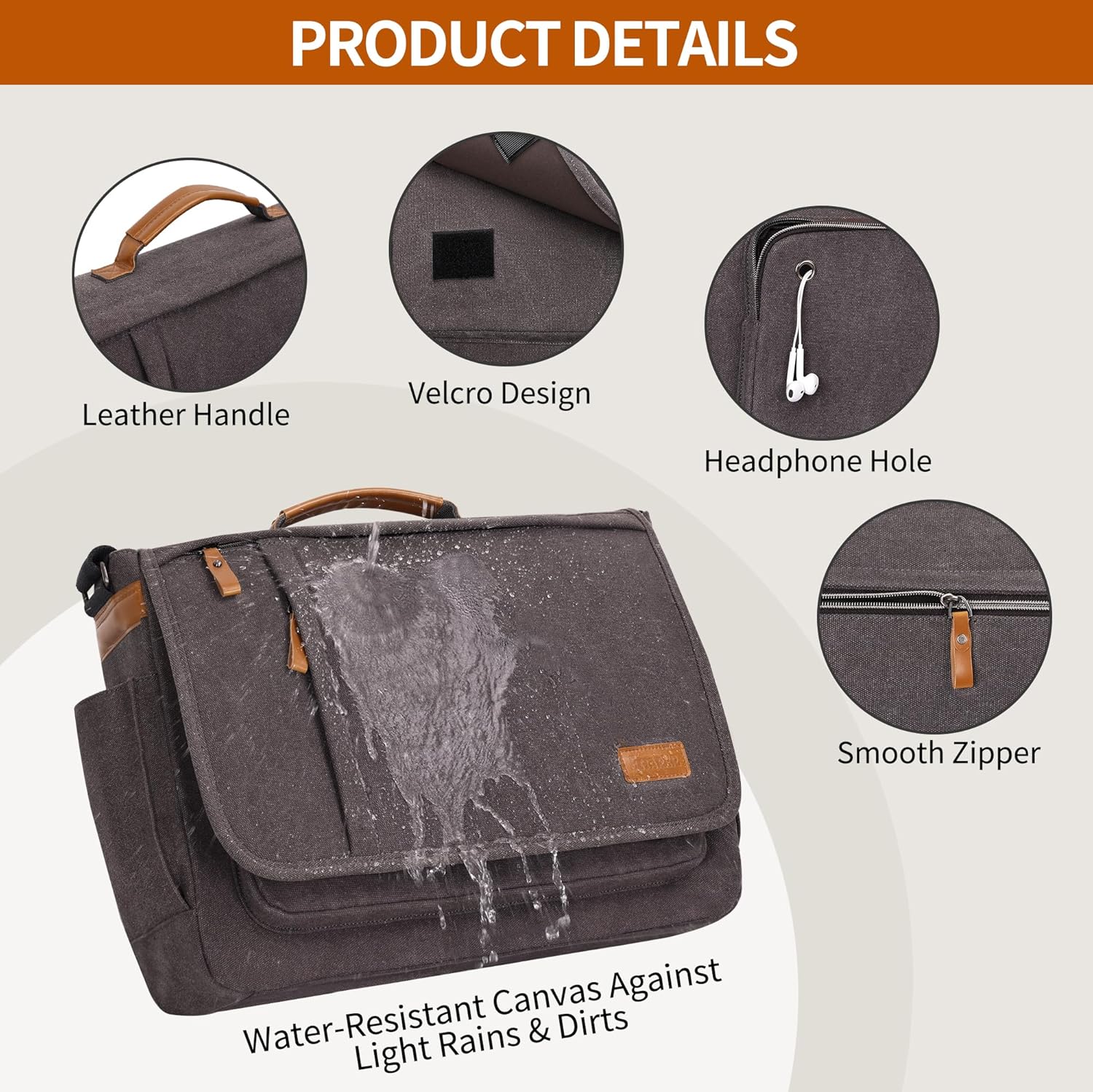 ESTARER ESTARER Water-resistant Canvas Messenger Bag for 15.6 Inch Laptop Travel Work Grey - View 4 of 7