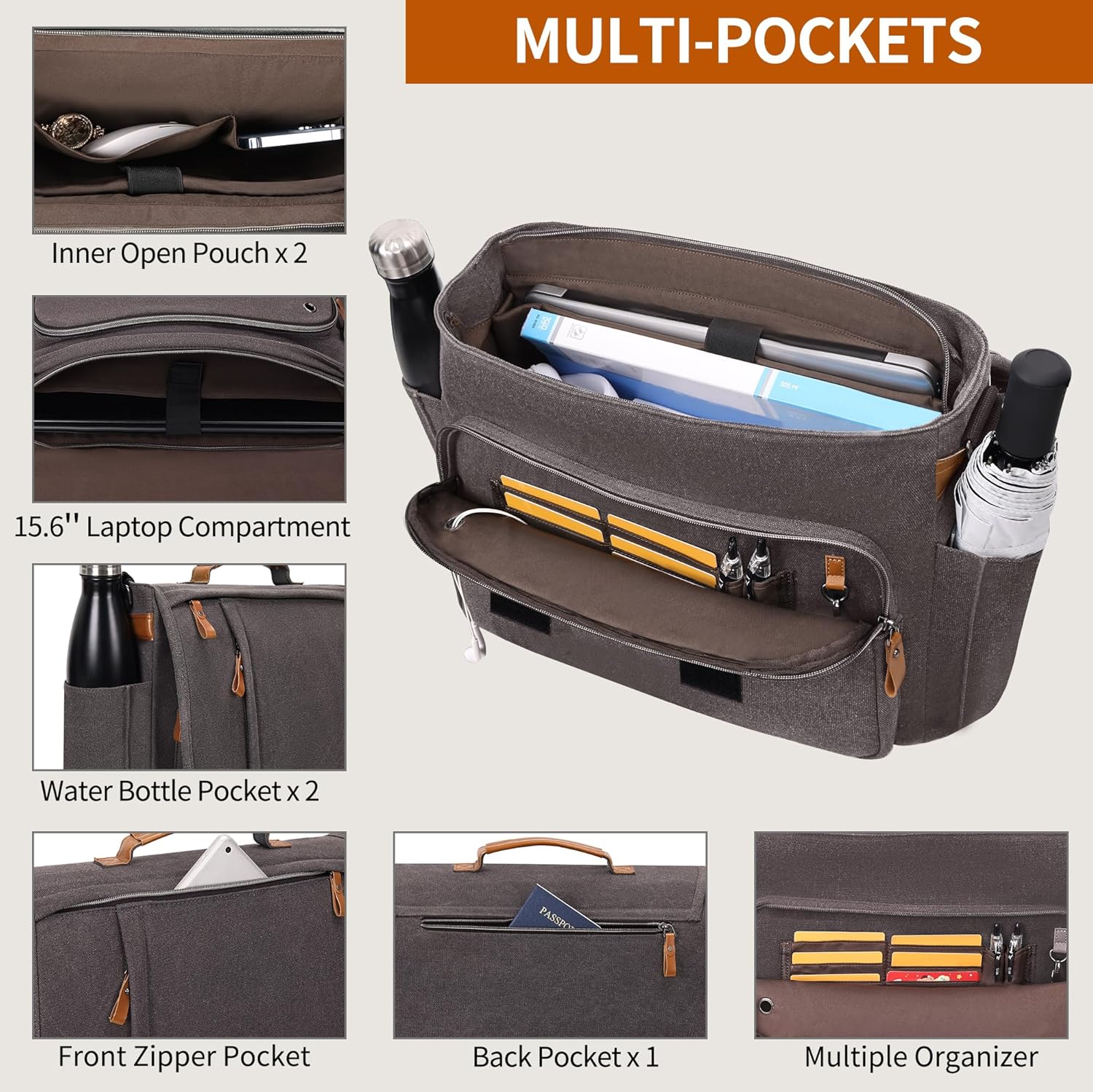 ESTARER ESTARER Water-resistant Canvas Messenger Bag for 15.6 Inch Laptop Travel Work Grey - View 5 of 7