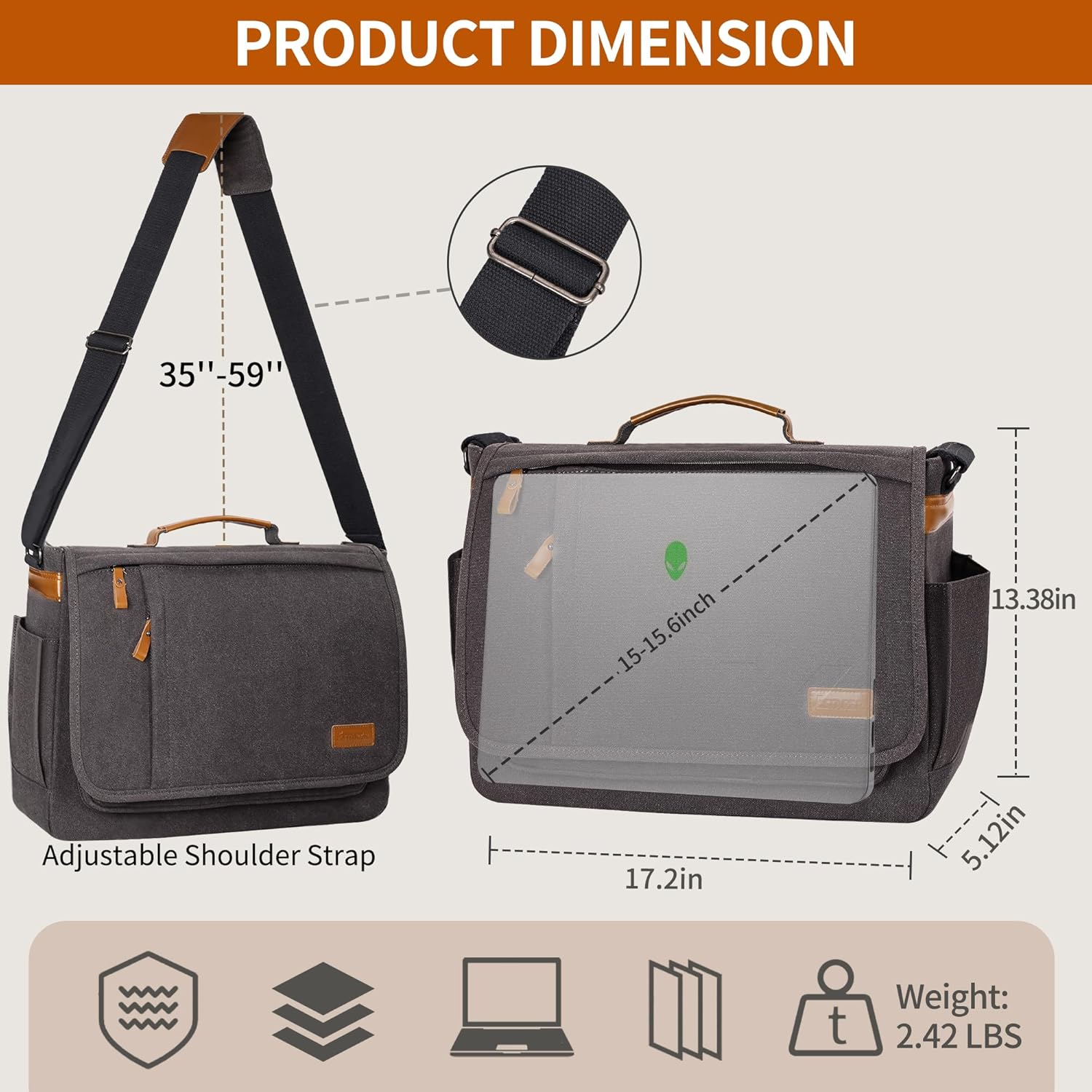 ESTARER ESTARER Water-resistant Canvas Messenger Bag for 15.6 Inch Laptop Travel Work Grey - View 6 of 7