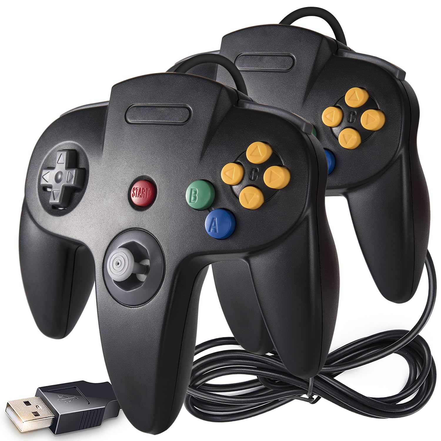 KIWITATA 2 Pack Classic N64 USB Controller Retro Wired Game Pad Joystick for Windows PC Mac Raspberry Pi 3 Black