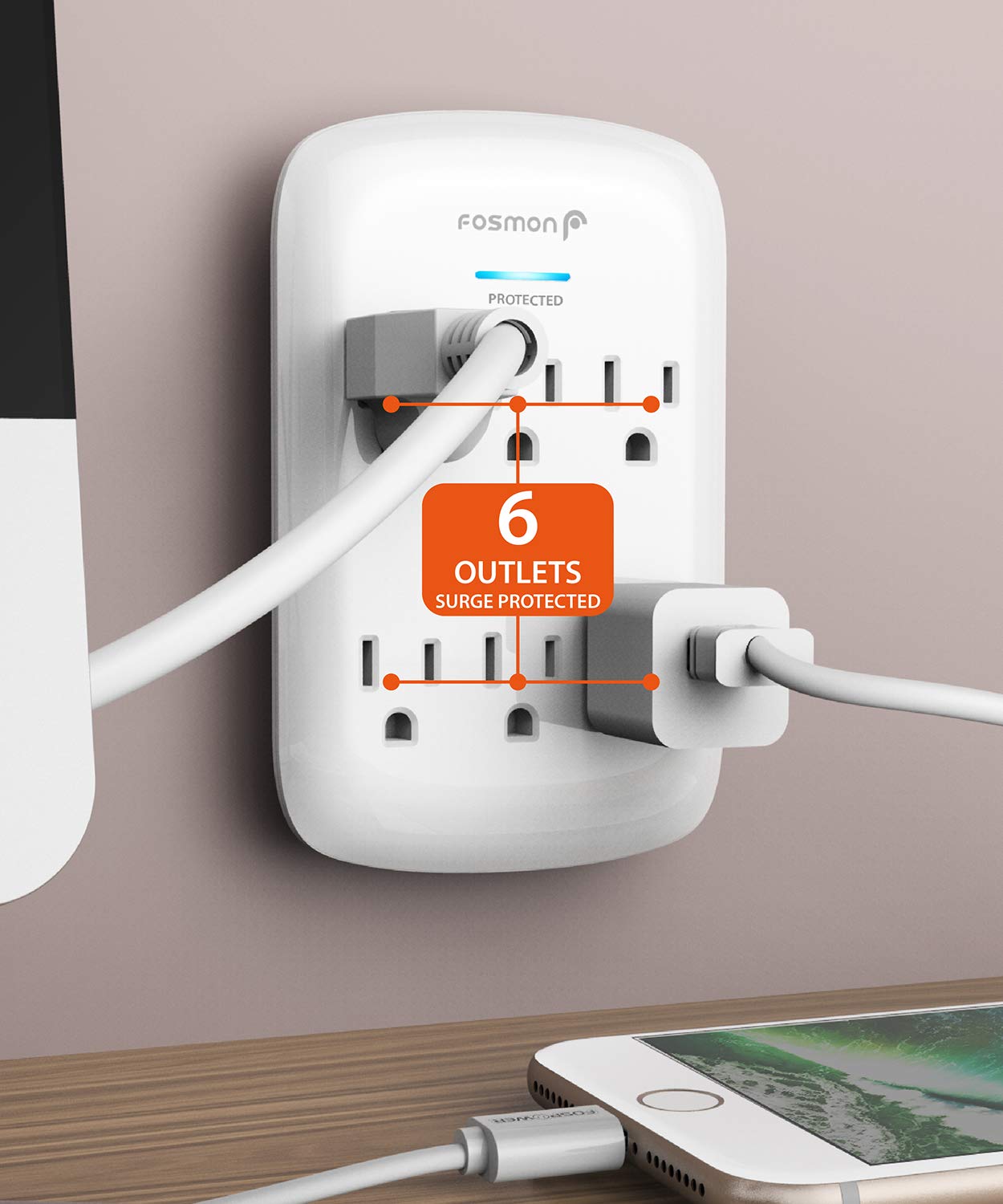 6 Outlet Wall Mount Surge Protector for Home and Office Power Management - View 3 of 7