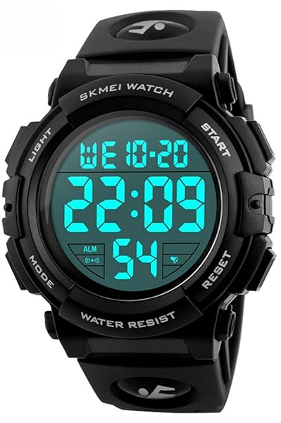 Gosasa Men's Large Face Digital Outdoor Sports Waterproof Watch LED Alarm Stopwatch Black