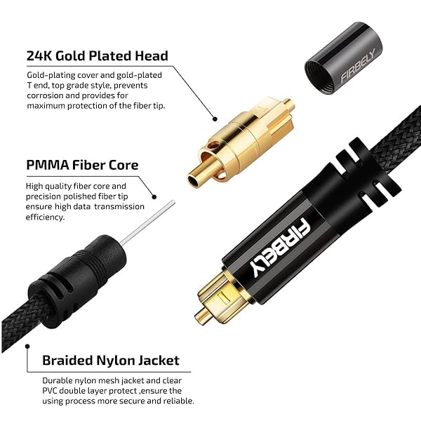 FIRBELY FIRBELY 15 Feet Digital Toslink Optical Audio Cable S/PDIF with Metal Connectors for Sound Bar and TV Speakers - View 3 of 8