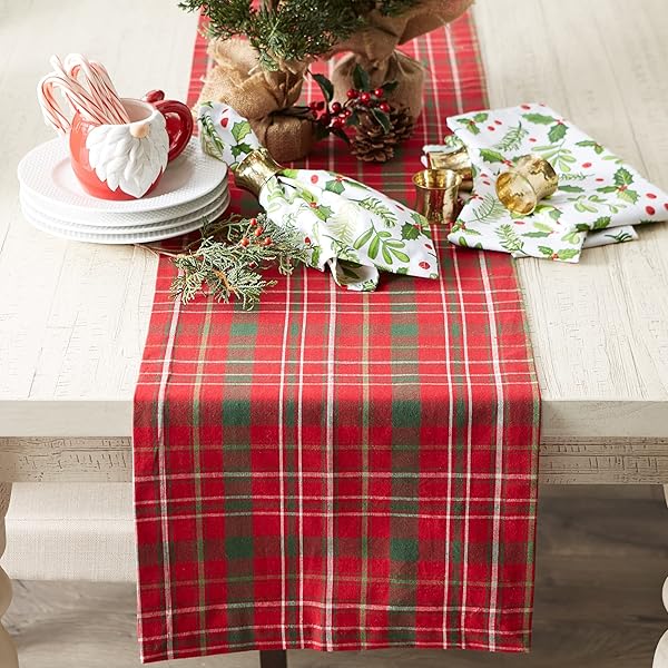 DII DII Holiday Dining Table Linen Tartan Holly Plaid Christmas Table Runner 14x108 Red Green Perfect for Festive Decor - View 5 of 8