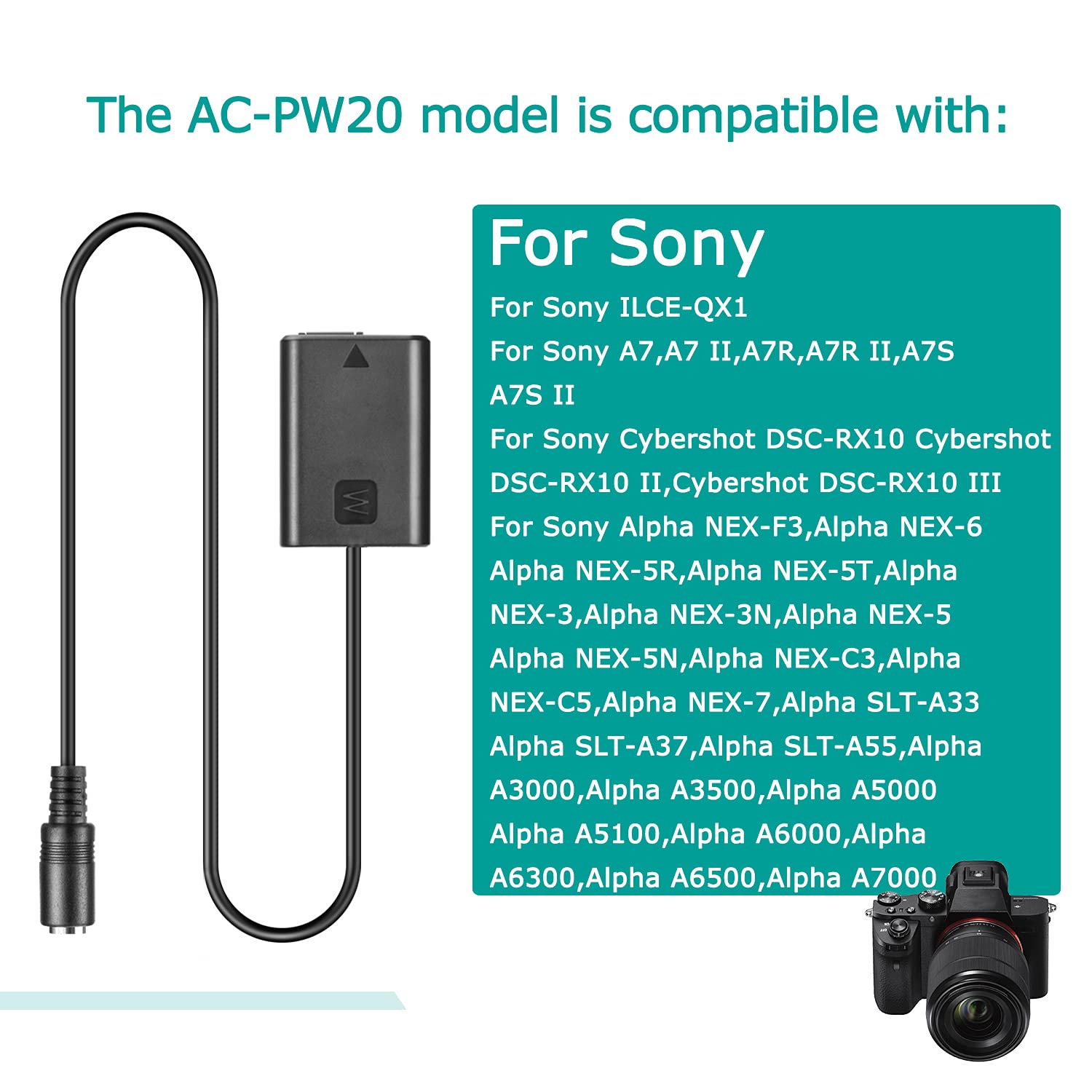 Raeisusp AC-PW20 USB Cable and NP-FW50 Couplers for Sony NEX3 NEX 5 7 SLT-A33 A55 A35 a7 a7R a7II a6000 a3000 DC VG-C2EM Grip - View 3 of 6