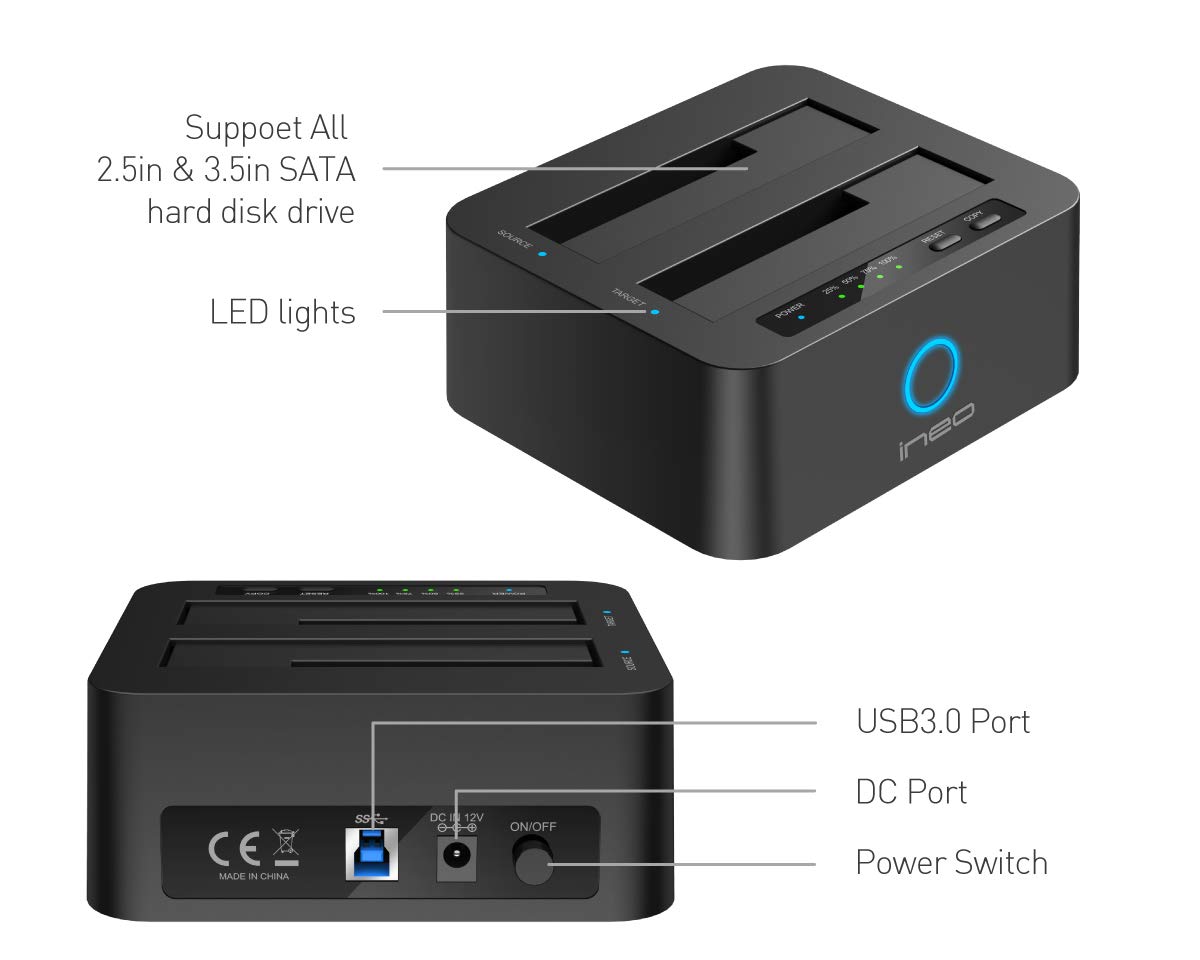 ineo USB3.0 to SATA Dual Bay Docking Station for 2.5 and 3.5 HDD SSD with Free USB Type C Adapter T3527-VIII+ - View 3 of 7